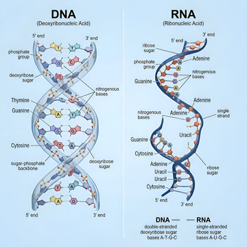 ​Comparison of DNA and RNA Structure Vector Diagram Showing Double Stranded Deoxyribose and Single Stranded Ribose Sugar Bases