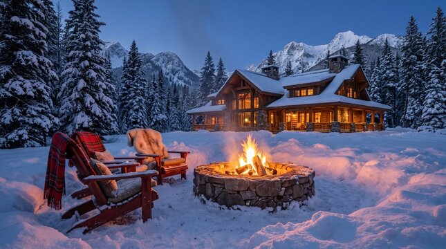 Cozy winter cabin with glowing fire pit and snowy mountains in evening