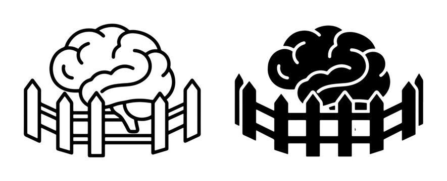 Brain in enclosure icon set with mind control or confinement symbol