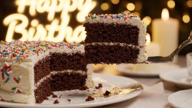 A delicious slice of chocolate birthday cake with white frosting and colorful sprinkles being served from a whole cake, with "Happy Birthday" lights in the background.