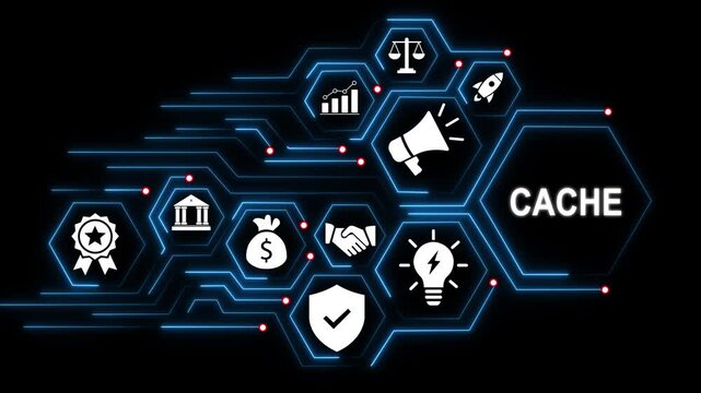 Digital cache concept featuring glowing hexagonal network interface with business and data connectivity for modern corporate technology presentations and advanced financial software solutions