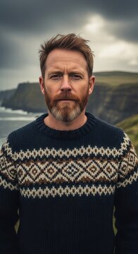 Serious man with beard wearing a patterned sweater outdoors