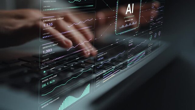 Typing continues at a desk. AI observability combines task traces and resource measurements with agent coordination, helping explain how automated work moves through a system.