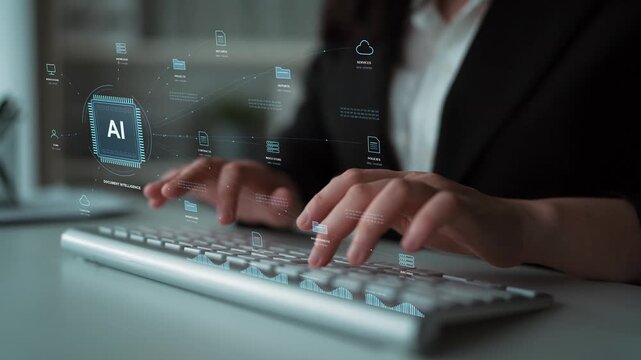 A person types on a keyboard. Documents and cloud knowledge connect through an AI processing hub, bringing indexing, access control and record organization into a shared workspace.