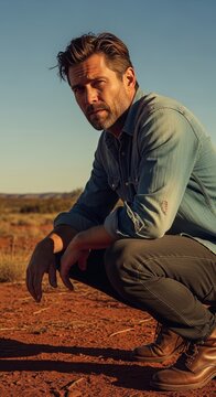 Serious man wearing tactical gear crouching in the desert