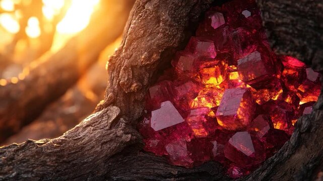 Glowing red crystals inside a hollow tree trunk.