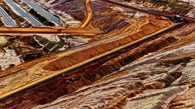 Aerial view of heavy trucks moving along terraced excavation road at Hambach open pit lignite mine Germany