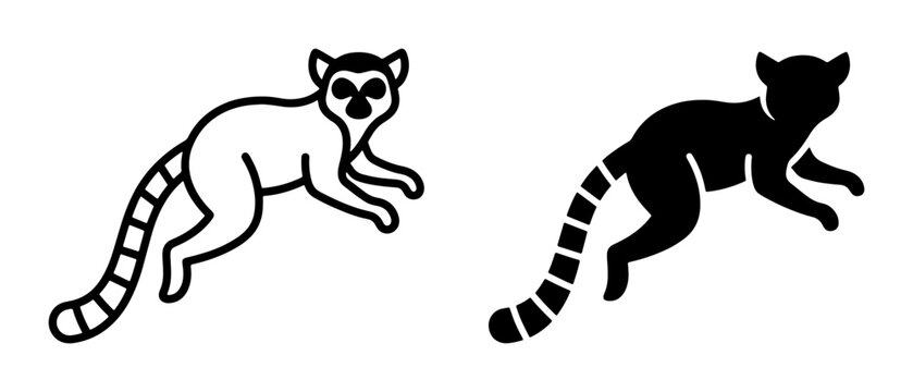 Lemur line icon and silhouette set with striped tail for wildlife or zoo design