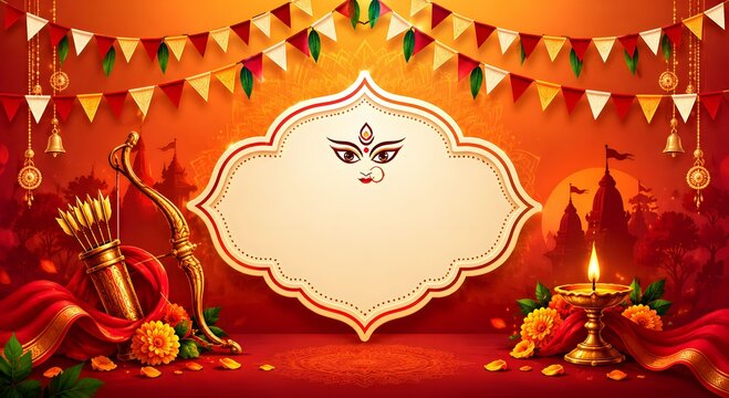 Happy dussehra festive background with a golden bow and arrow and a traditional oil lamp on a deep red ornate setting