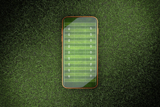 Mobile phone on green grass with American football field layout on screen,3d rendering