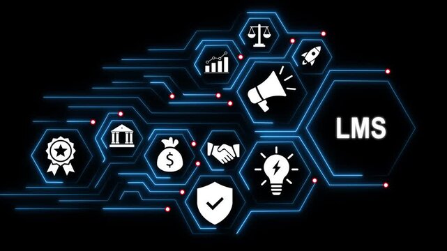 Dynamic lms learning management system concept featuring glowing digital hexagon network interface with business for corporate training, e-learning education, and development technology