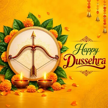 Happy dussehra festival greeting with traditional bow arrow and oil lamps diya lamps indian festival marigold flowers