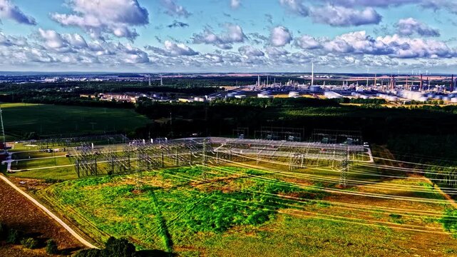 Timelapse shows clouds drifting and casting shadows over electrical substation and distant refinery near Schwedt on Oder river Germany
