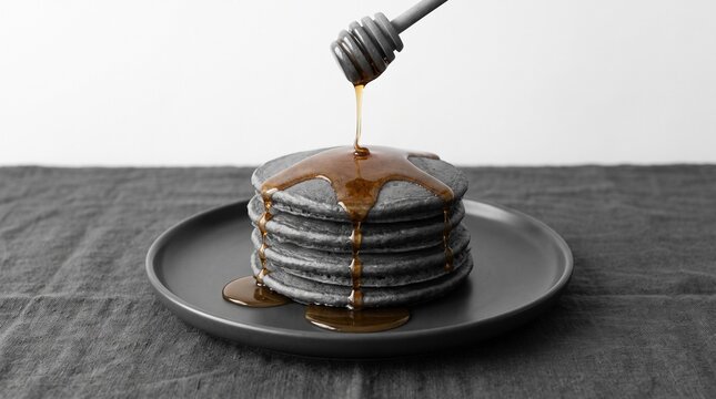 Stack of Fluffy Pancakes with Maple Syrup Mid-drip