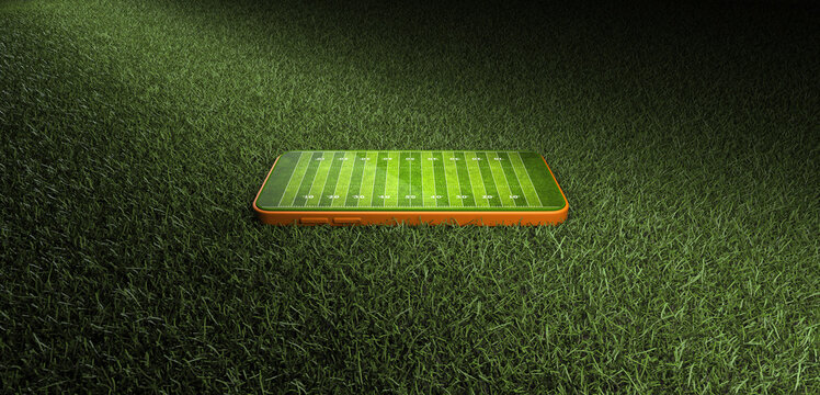 Mobile phone on green grass with American football field layout on screen,3d rendering