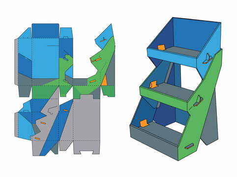 Vector illustration of a versatile two-tier retail display unit, featuring its flat die-cut template and assembled point-of-sale merchandising stand