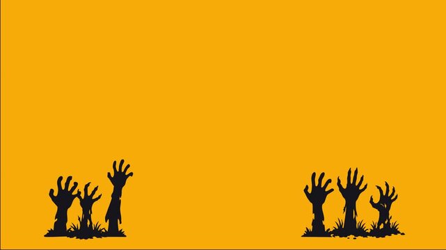 Halloween animated silhouetted zombie hands rising from the ground 4k orange background.