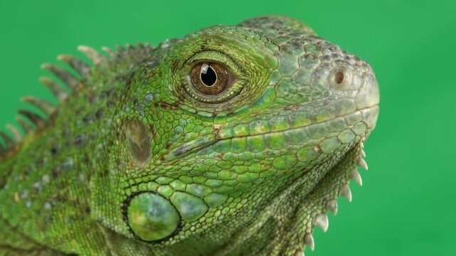 Detailed close-up of a vibrant green iguanas head showcasing its intricate scales and watchful eye ideal for nature and wildlife themes