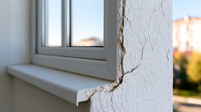 Detailed view of a window with visible cracks and defects in wall, highlighting potential hidden failure points in residential construction and design integrity, 3d rendering