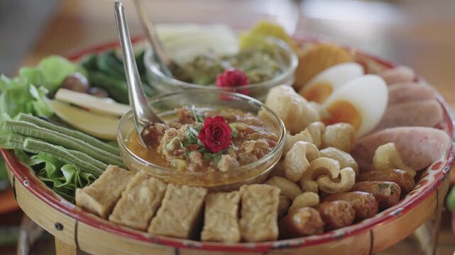 Northern Thai nam prik ong chili dip platter with crispy pork rinds