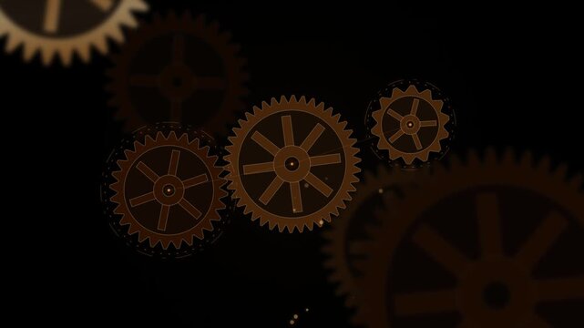 Abstract background with rotating golden mechanical gears on black
