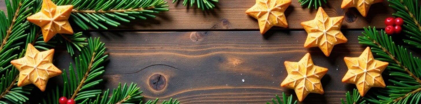 Scented pine branches frame spiced cookies on a wooden board , holiday season, winter wonderland