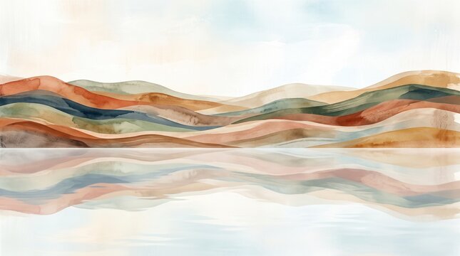 Layered earthy terrain with soft reflections on a light background. Calm abstract landscape for nature design, covers, and modern decor.