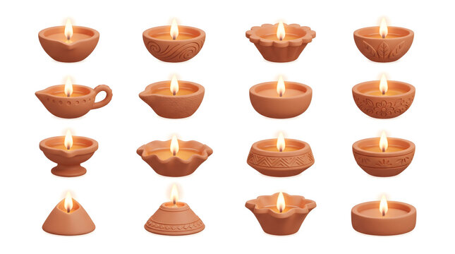 Collection of sixteen traditional clay oil lamps or diyas with glowing flames isolated on a plain white background set
