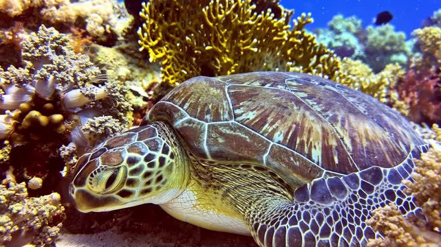Green turtle resting peacefully on a vibrant coral reef in the warm waters of the Red Sea
