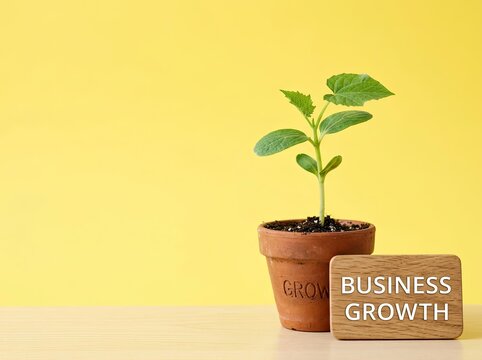 Green plant sprout in a terracotta pot with business growth sign suitable for corporate marketing representing economic progress and investment