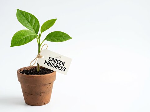 Small green plant in a pot with a Career Progress tag suitable for professional training media representing growth success and development