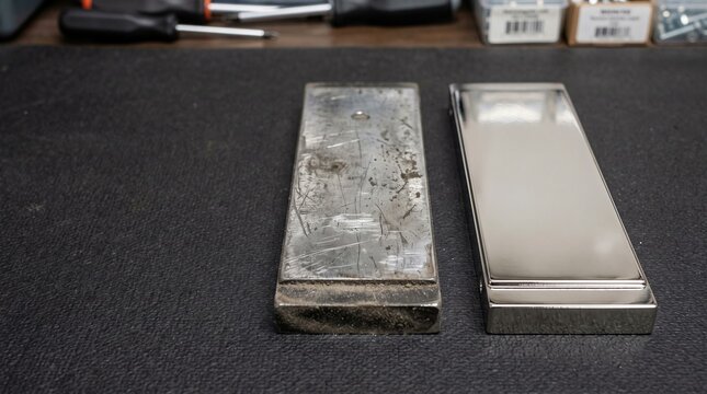Metal bars contrasting old scratched with new polished on dark workbench, showcasing repair and restoration.