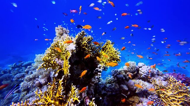 Colorful coral reef teeming with a large school of orange lyretail anthias in the Red Sea