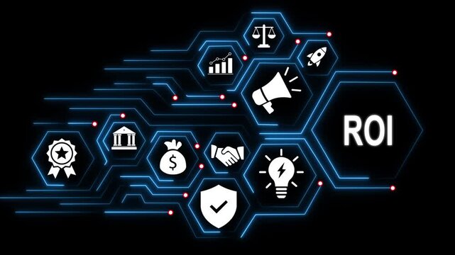 Digital roi business growth concept with animated hexagonal network financial strategy, marketing success, corporate profitability, data analytics, and networking motion background
