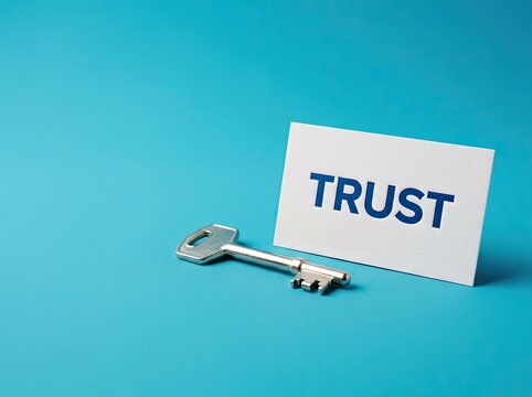 Silver key beside trust card on blue background ideal for finance marketing representing security credibility and unlocking confidence