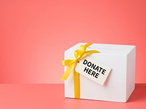 White wooden donation box with yellow ribbon bow on pink background suitable for charity campaigns symbolizing generosity and community support