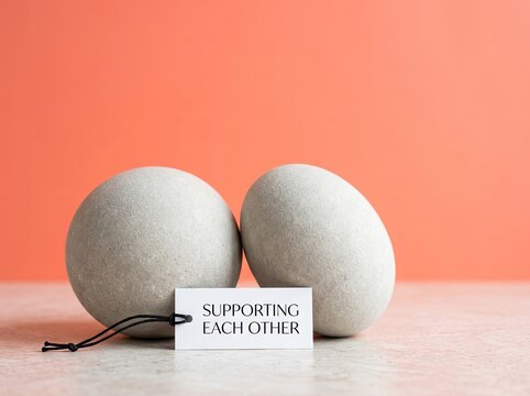 Two smooth stones leaning against each other with a tag ideal for relationship marketing symbolizing mutual support unity and cooperation