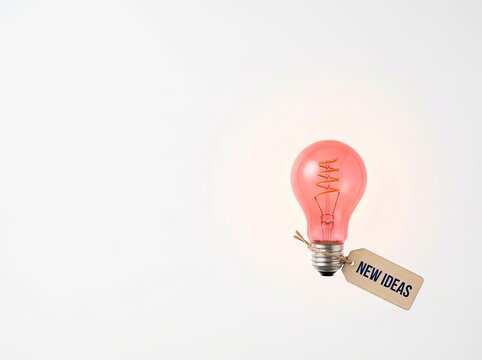 Glowing pink light bulb with a new ideas tag suitable for corporate strategy and creative branding symbolizing innovation and fresh thinking