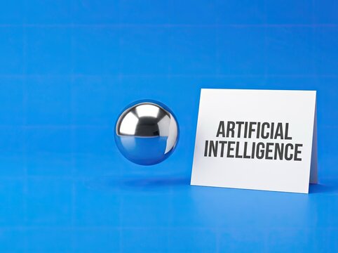 Chrome sphere beside artificial intelligence sign on blue background suitable for tech media symbolizing innovation and future machine learning
