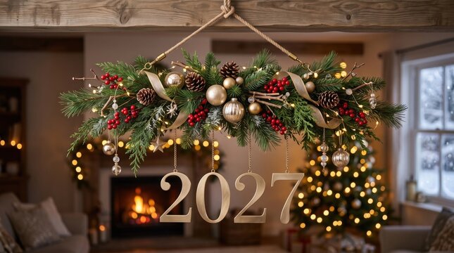 Clear glass christmas ornament with 2026 engraving and warm fairy lights, resting on a snowcovered pine branch in a winter forest setting