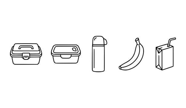 Minimal Lunchbox Food Container Thermos Banana and Juice Box Line Icons Set