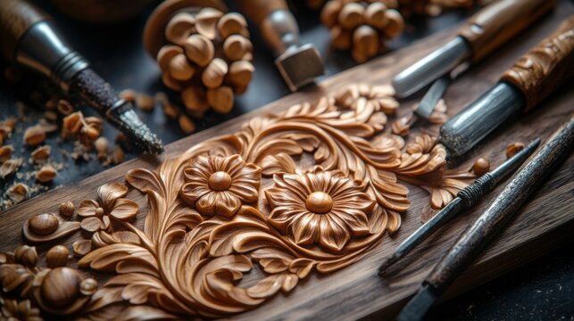 Masterful wood carving tools and intricate floral design showcase traditional craftsmanship in artisan workshop