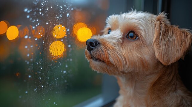 Cute brown cavoodle gazing at city lights through raindrops, filled with wonder and curiosity during a rainy night