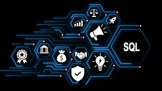 Sql database management system concept with glowing digital hexagon network interface, featuring business for data analysis, financial growth, corporate strategy, and secure information technology