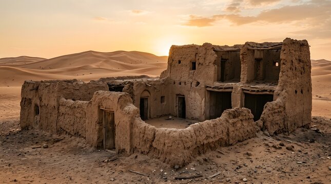 Ancient abandoned mud brick house ruins standing in the middle of a vast desert landscape at sunset.