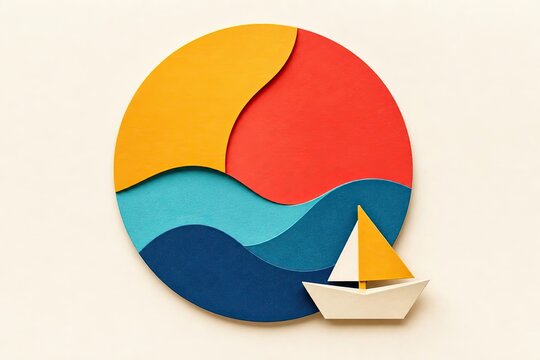 Sunset circle with ocean waves and sailboat in layered paper cut style