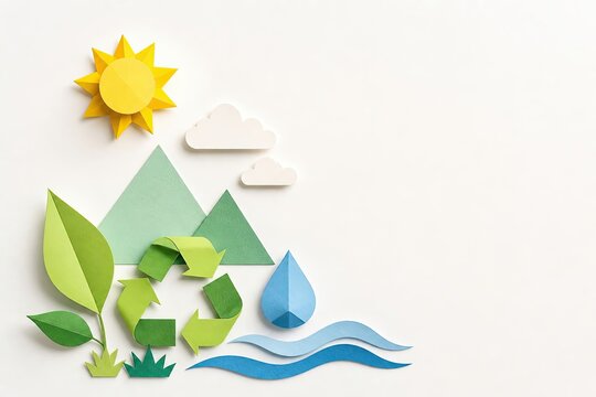 Ecology symbols with recycling sun and water in paper cut style