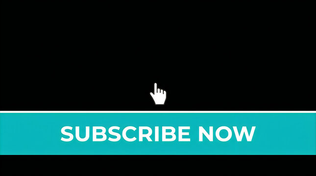 A white mouse cursor clicking on a bright cyan horizontal button with the white text subscribe now against a solid black background