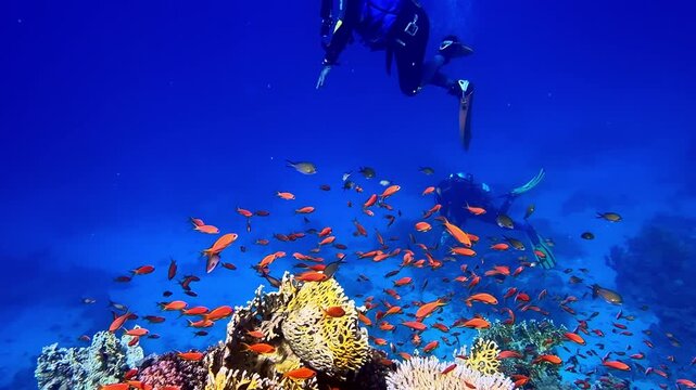 Scuba divers glide in deep blue water above colorful coral reef as huge school of orange anthias swims busily below at Jackson Reef Red Sea Sharm El Sheikh Egypt