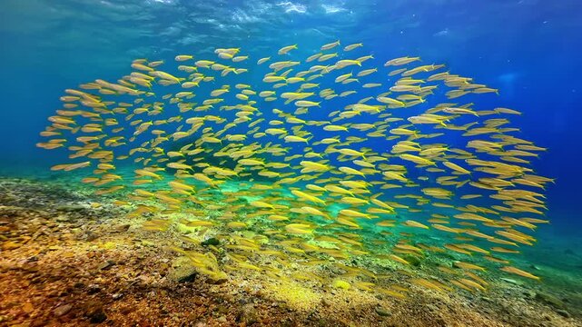 Huge school of golden yellowfin goatfish swims in tight formation over sunlit rocky seabed in shallow clear water at Thomas Reef Red Sea Sharm El Sheikh Egypt